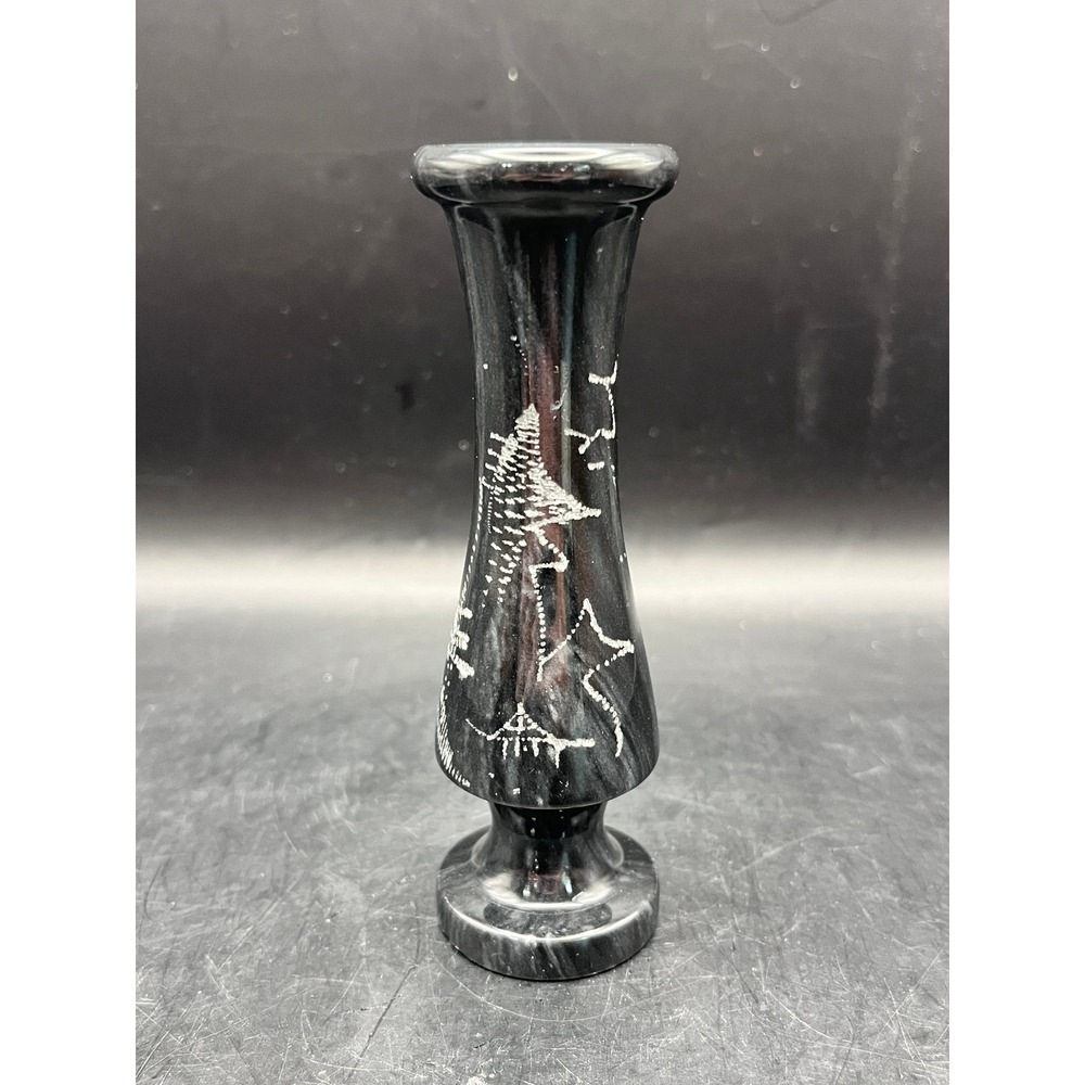 Vintage Black Stone Marble Onyx Bud Vase Carved Oriental Tree Smooth 4.5" Tall